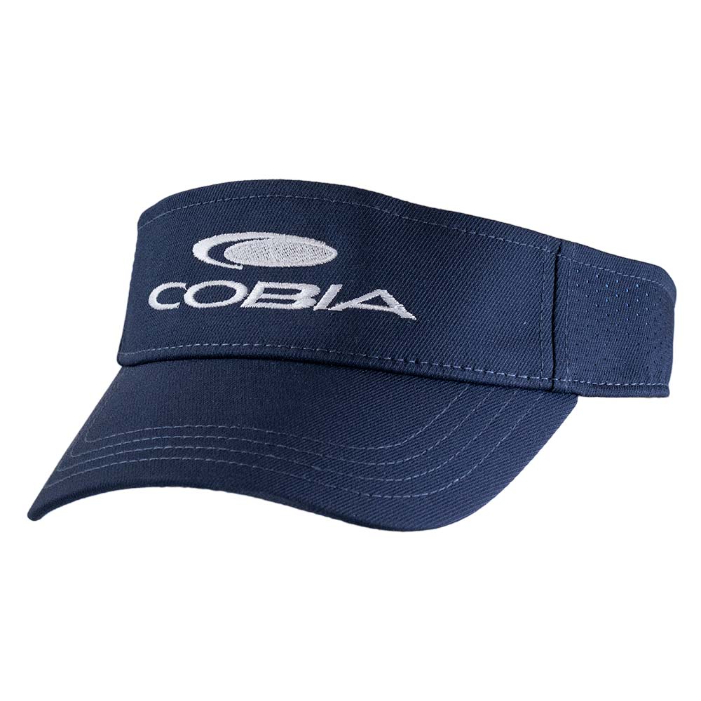 Navy blue visor hat with a white 'COBIA' logo sewn across the front. 