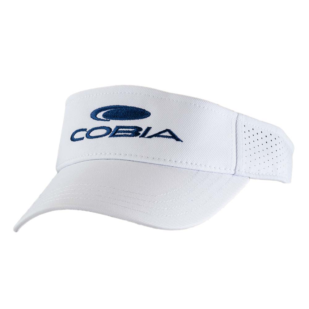White visor hat with a blue 'COBIA' logo sewn across the front. 