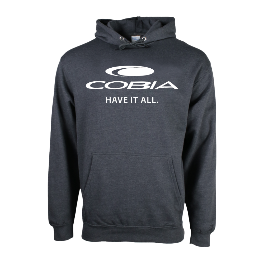 Dark grey hoodie with a white cobia logo on the chest. 