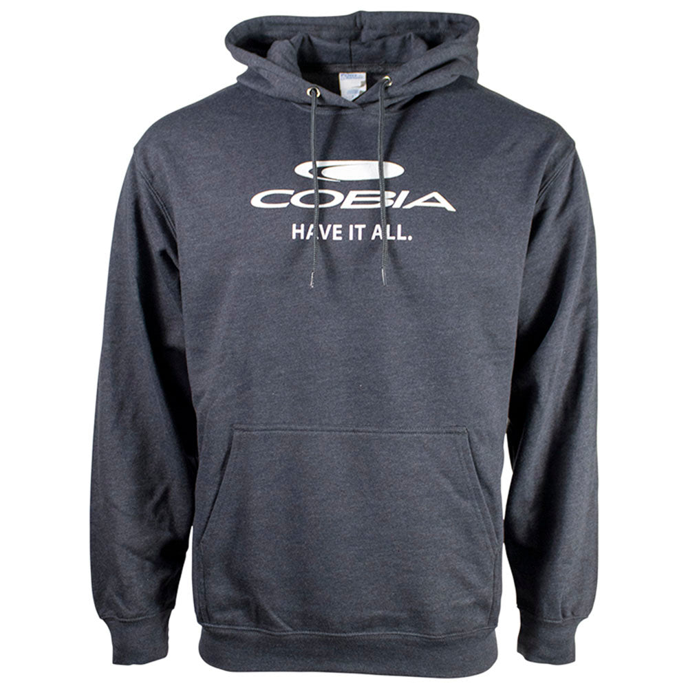 Dark grey hoodie with a white cobia logo on the chest. 