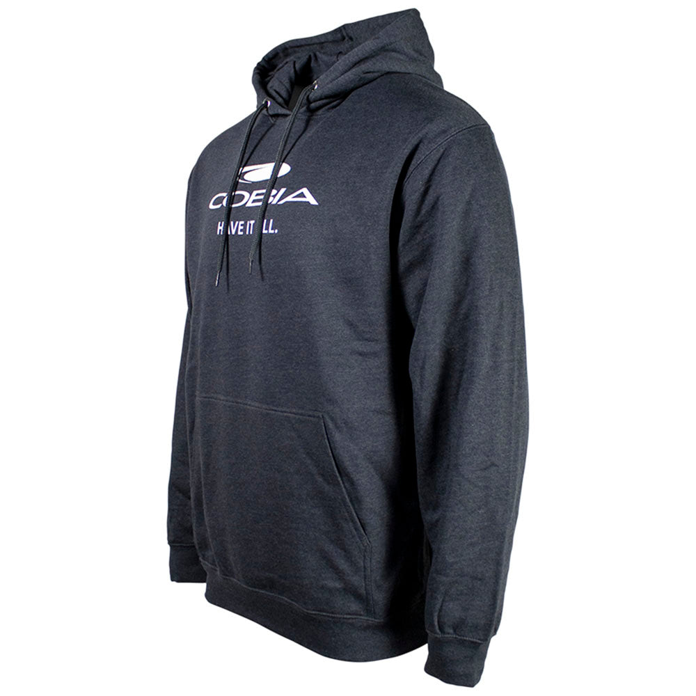 Side of a dark grey hoodie with a white cobia logo on the chest. 