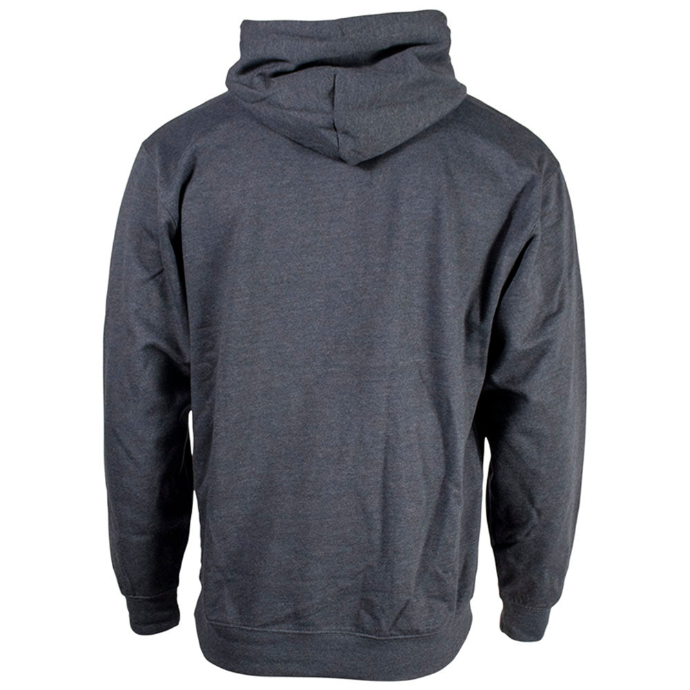 Back of a dark grey hoodie.