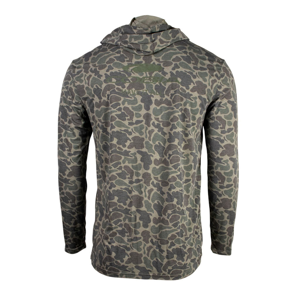 Back of a green and brown camouflage-patterned long sleeve with a green cobia logo on the shoulder blades.