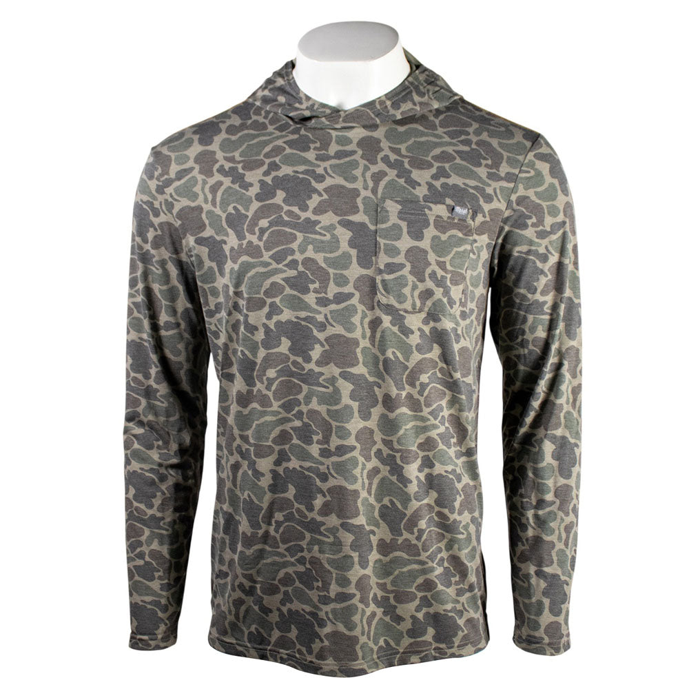 Green camouflage-patterned long-sleeve shirt with a left chest pocket.