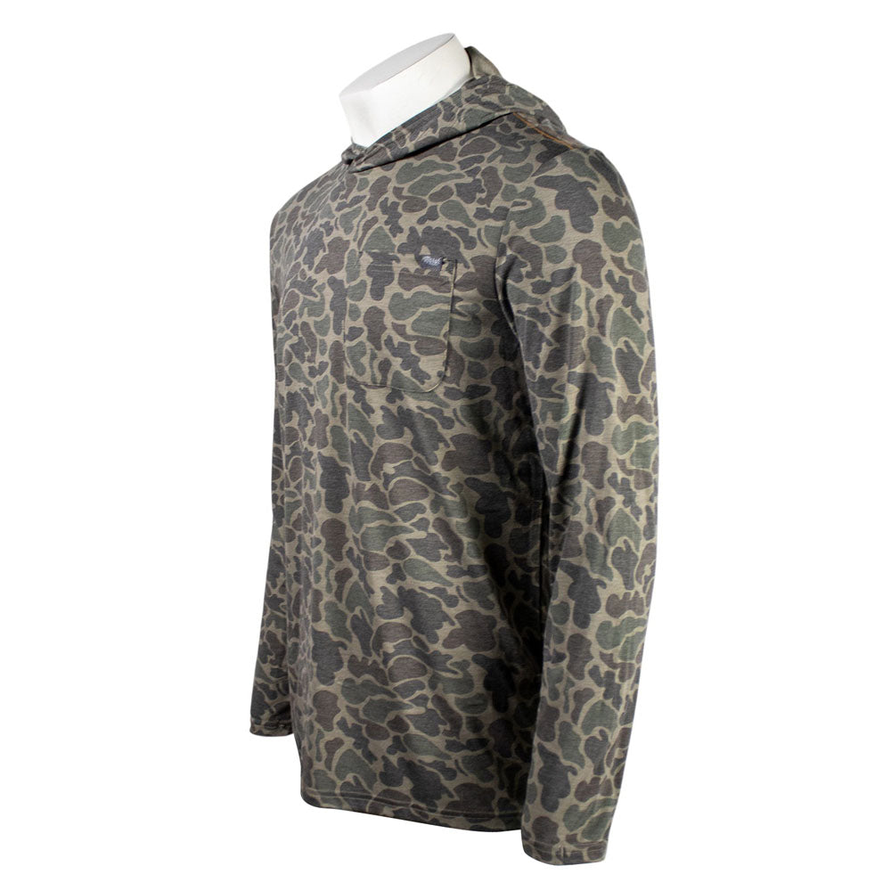 Side of a green and brown camouflage-patterned long sleeve.