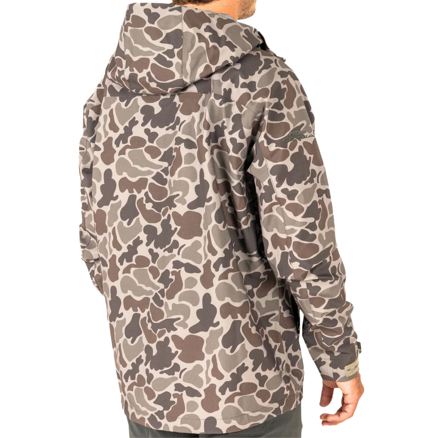 Back of a green and brown camouflage-patterned jacket with a hood and a cobia logo on the right shoulder. 
