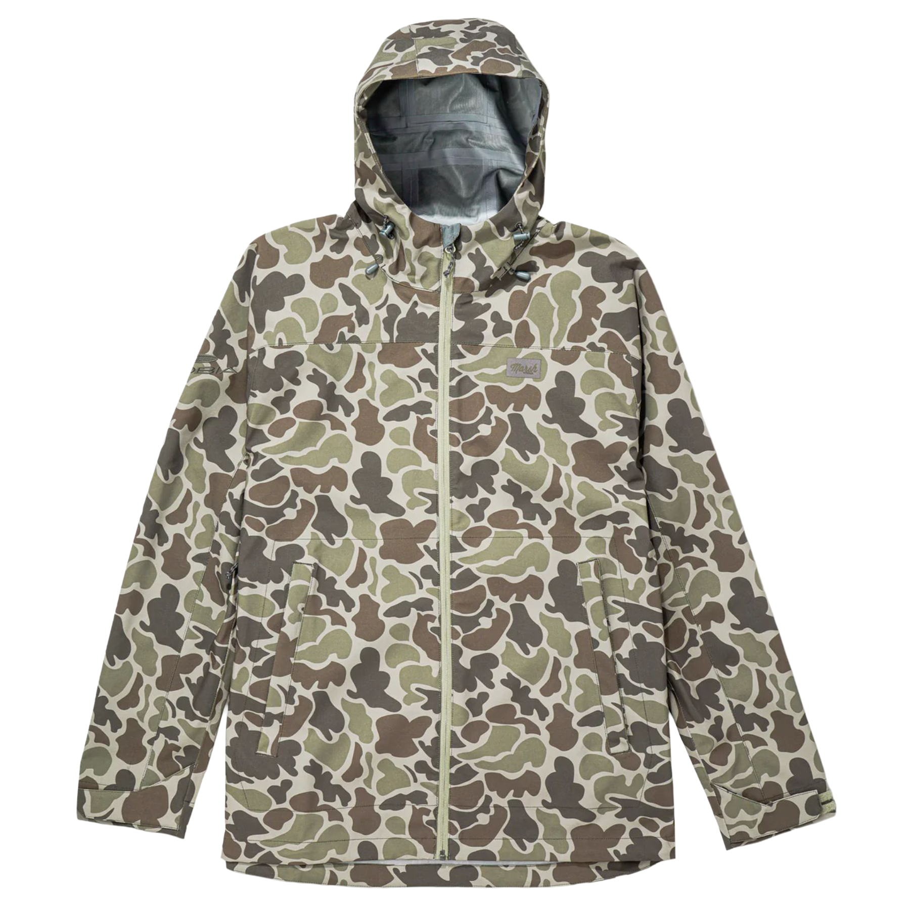A green and brown camouflage-patterned jacket with a hood and a cobia logo on the right shoulder. 