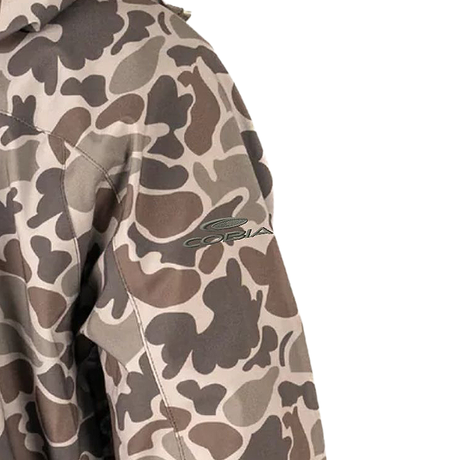 Close up of the cobia logo on the right shoulder of the jacket.