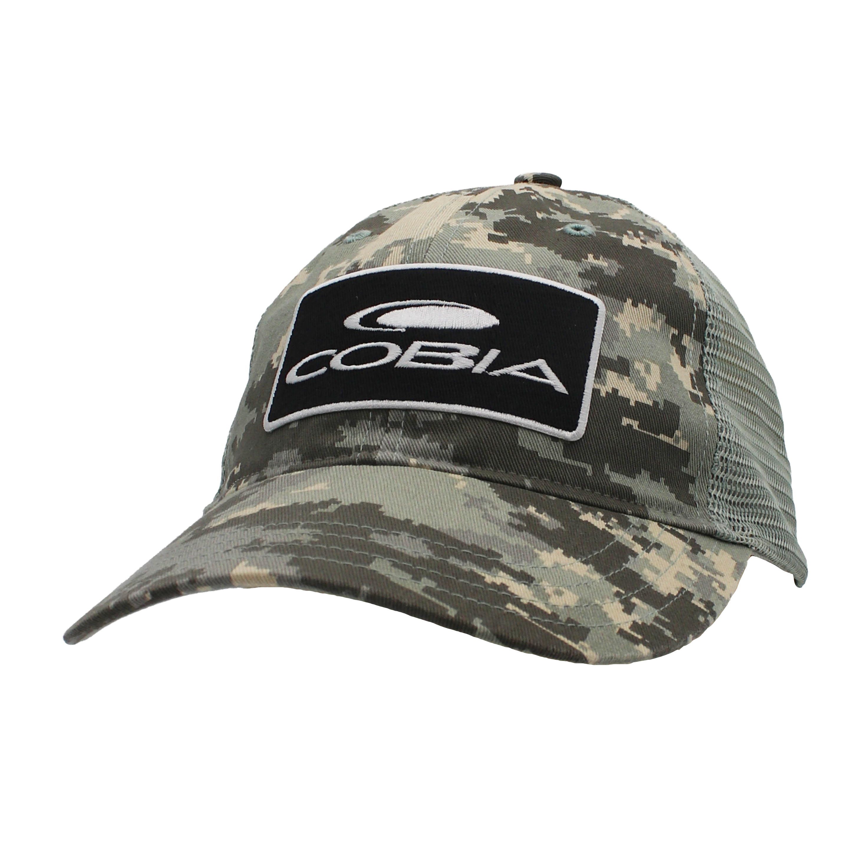 Green digital camouflage baseball cap with a black and white Cobia patch logo on the front.