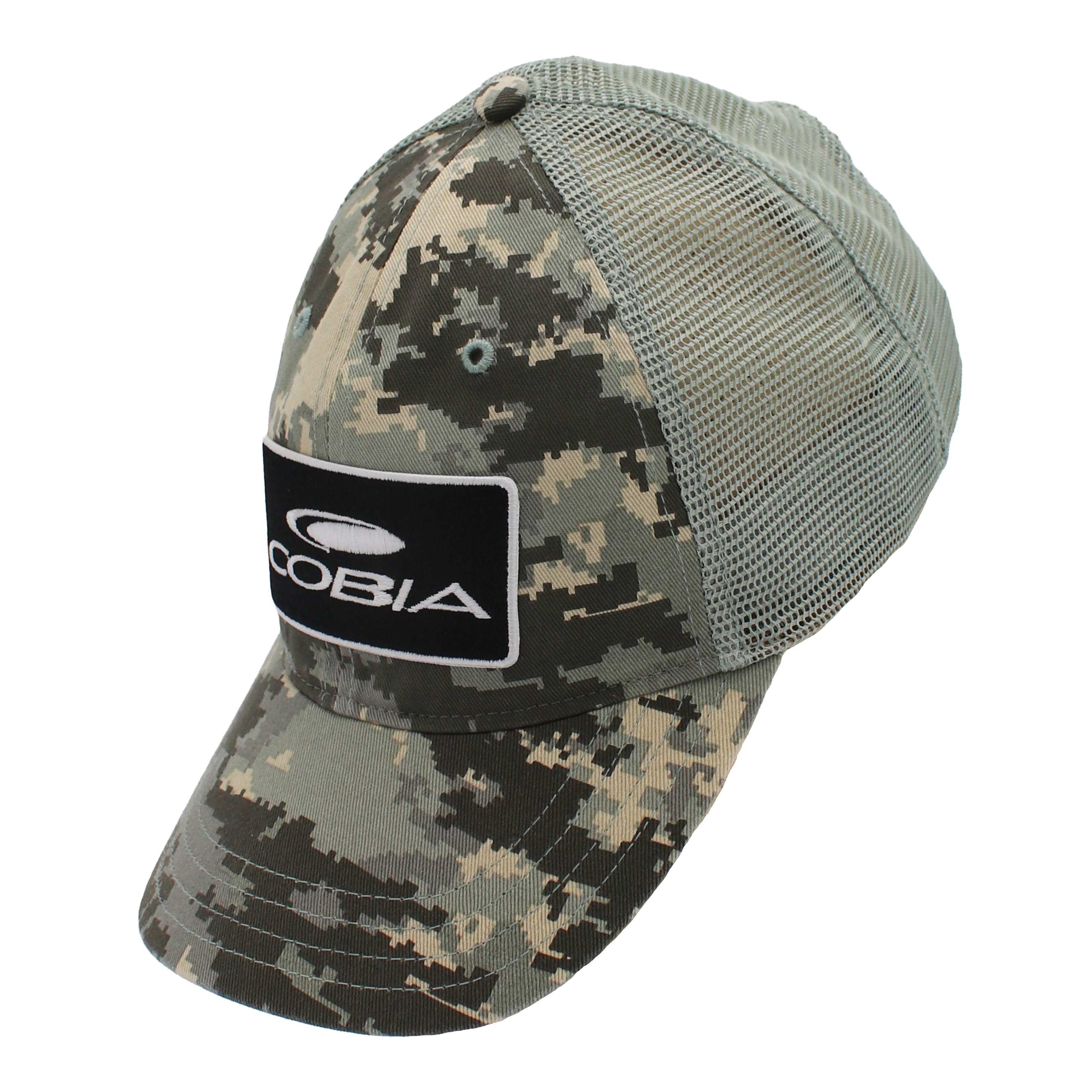 Side of a green digital camouflage baseball cap with a black and white Cobia patch.