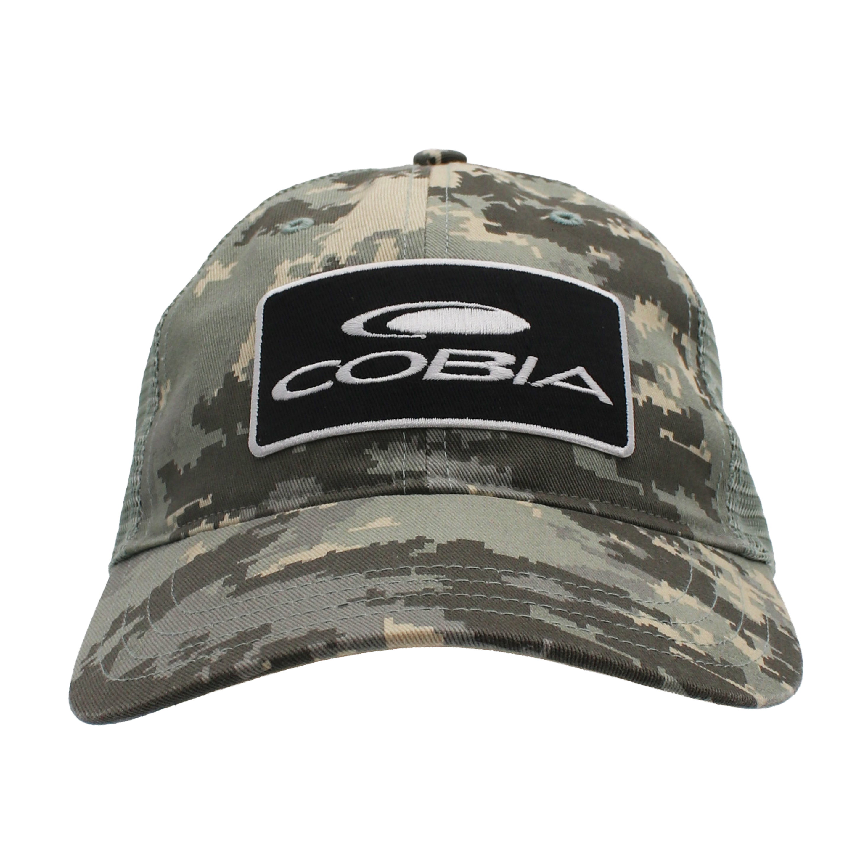 Front of a green digital camouflage baseball cap with a black and white Cobia patch logo.