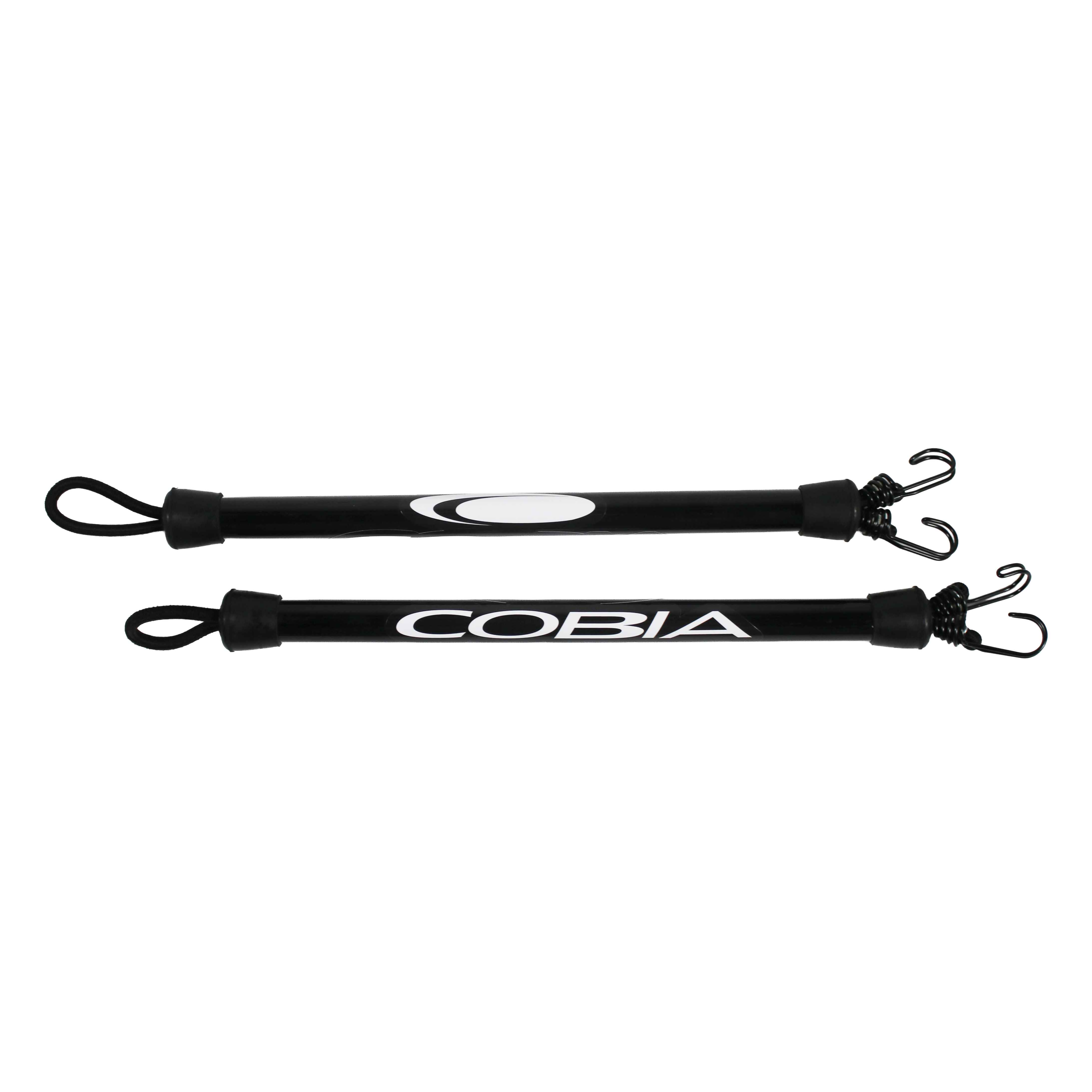 Two black and white Cobia labeled poles with looped rope on the left end and two hooks on the right end.