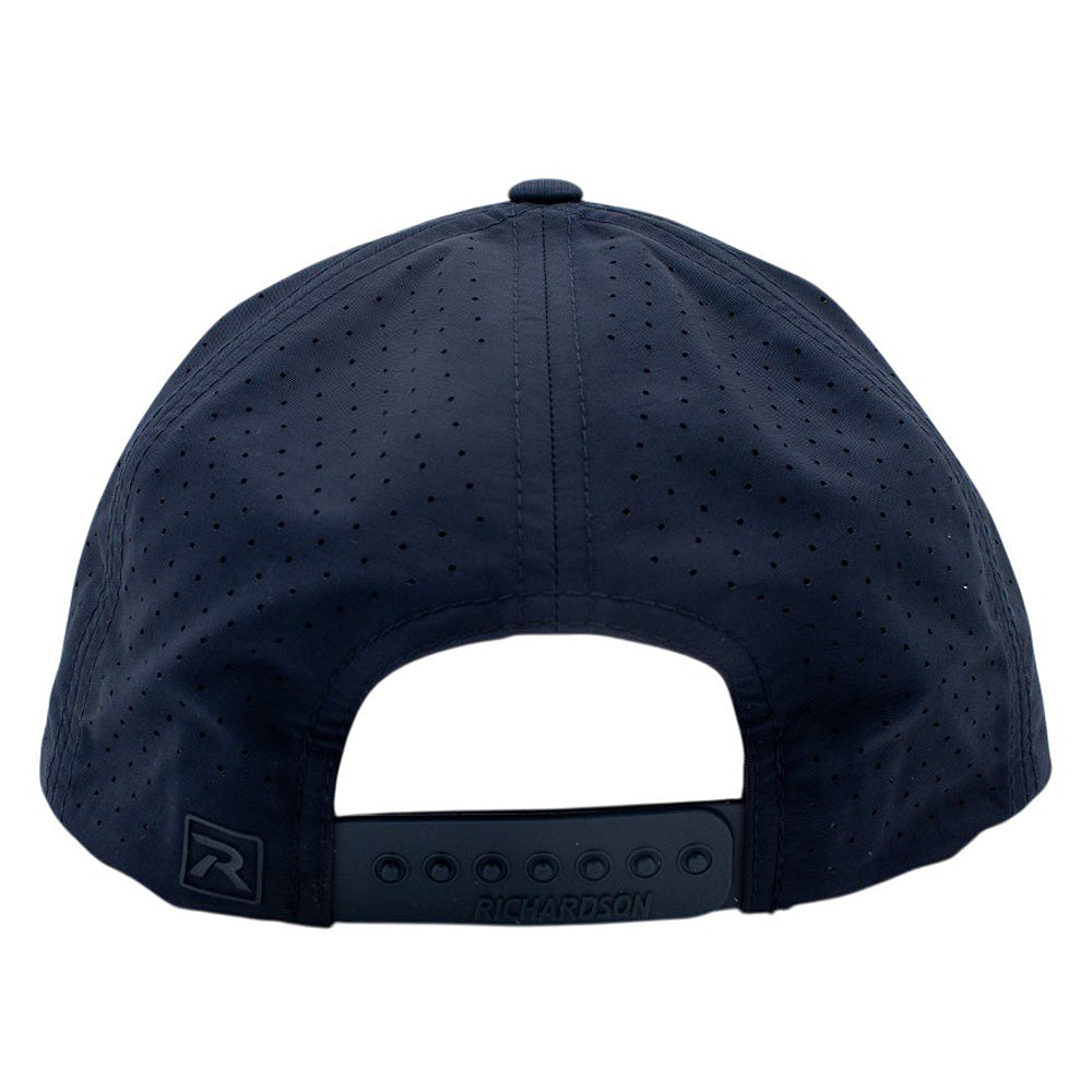 Ventilated back panels of a navy blue snap back hat.