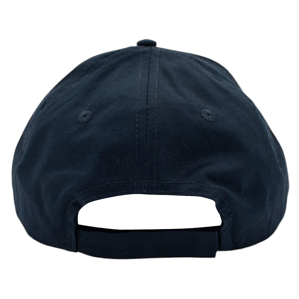 Back of a navy cap with a Velcro closure.