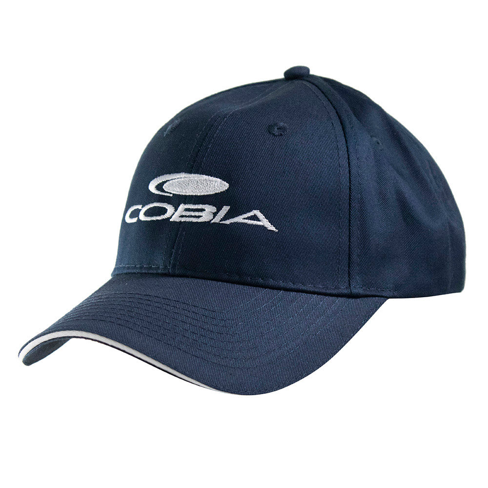 Navy Hat with a white cobia logo embroidered on the front.