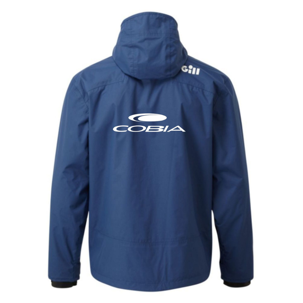 Blue jacket with a white Cobia logo on the back.