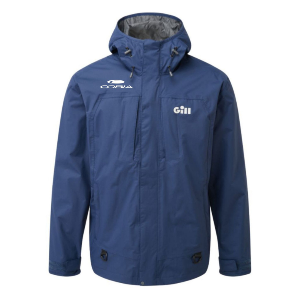 Blue jacket with white cobia and gill logos on the chest. 