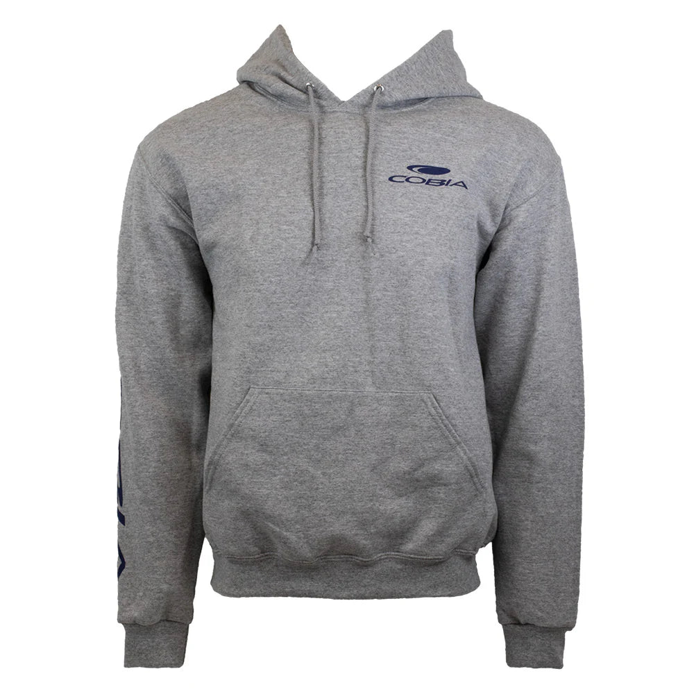 Gray hoodie with a drawstring and navy cobia logo on the chest.