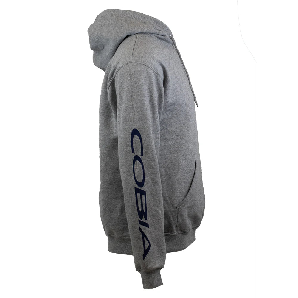 Side view of a gray hoodie with the word 'COBIA' printed on the sleeve in navy.