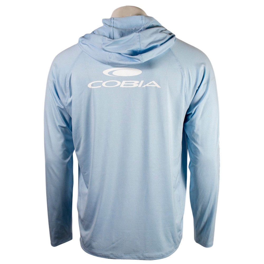 Light blue hooded long sleeve with a white Cobia logo on the back.