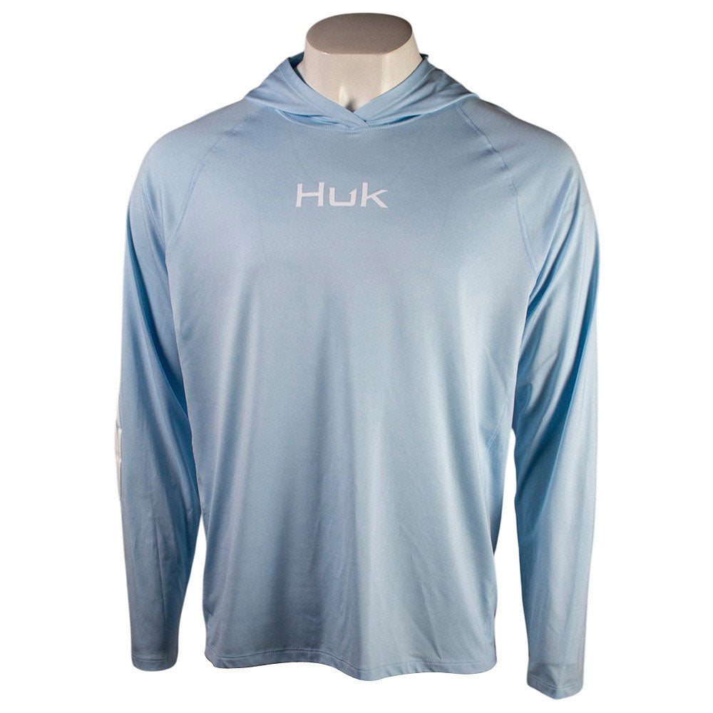Light blue hooded long sleeve with a white huk logo on the chest.