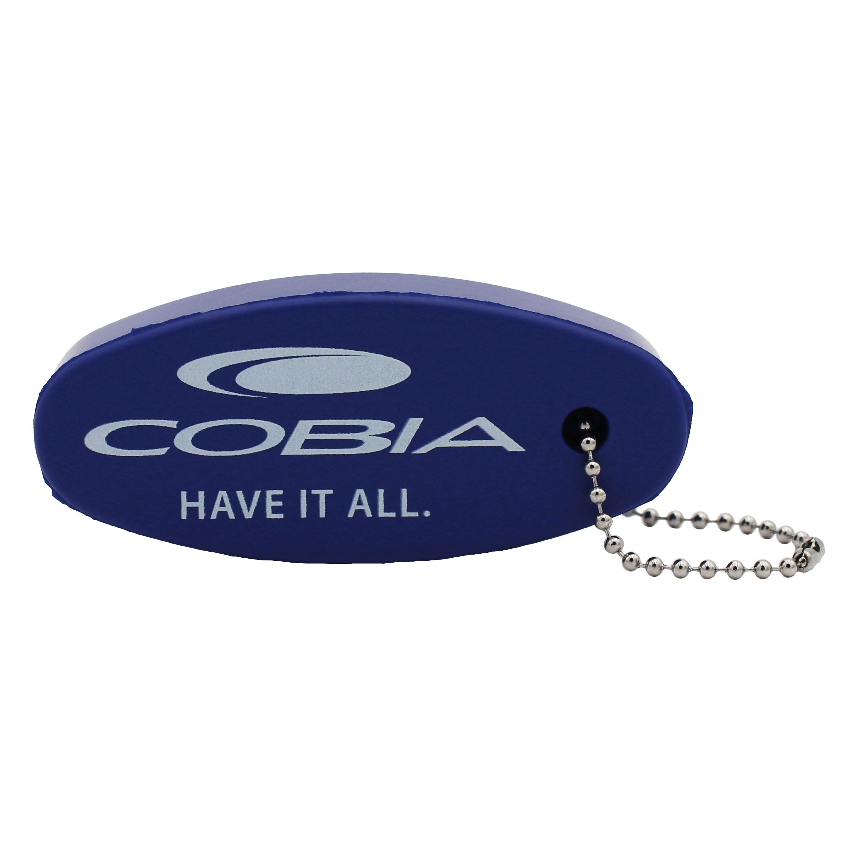 Blue keychain with a white 'Cobia' logo and text 'have it all' under it, featuring a ball chain on the end.