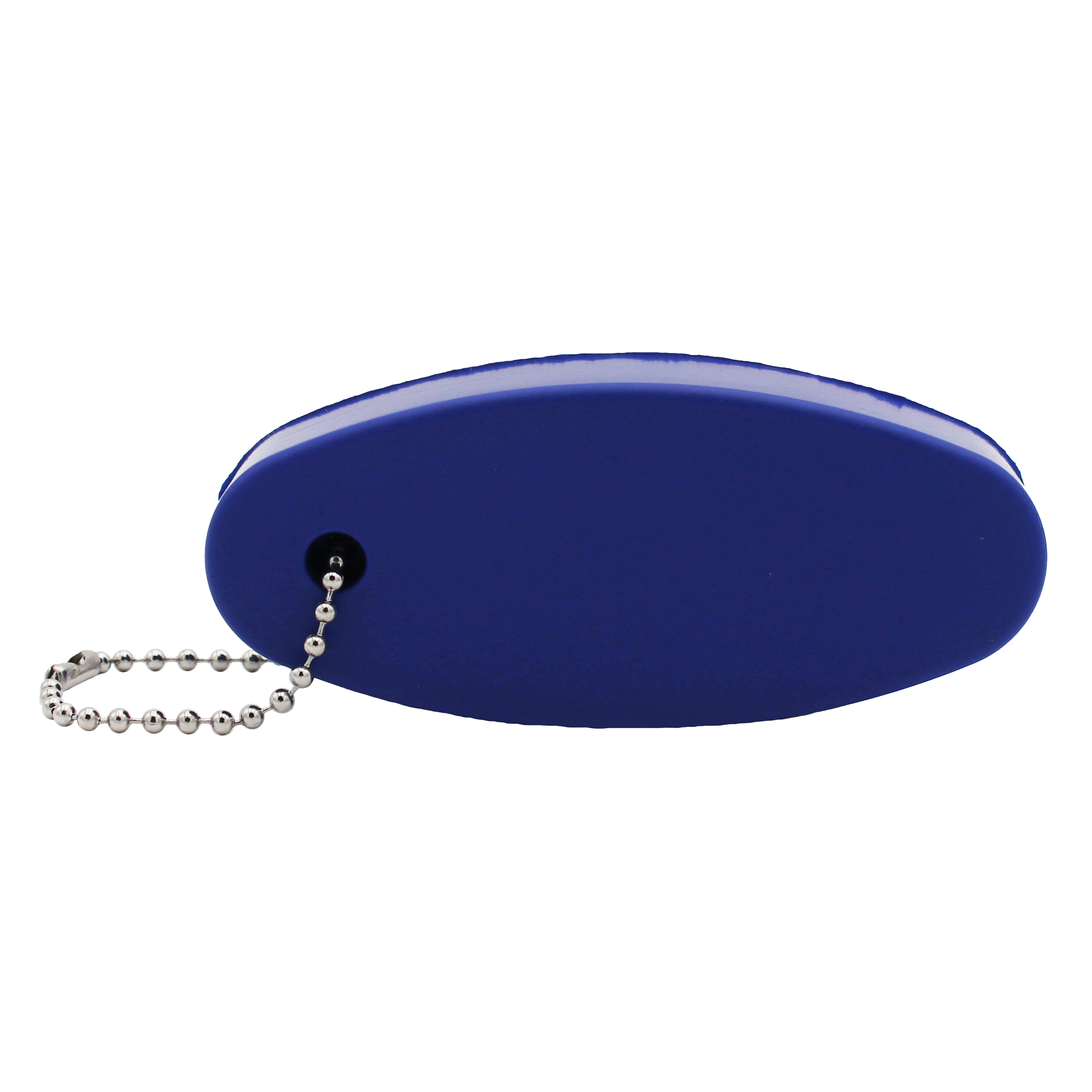 Blue oval-shaped foam keychain with a ball chain on the end. 