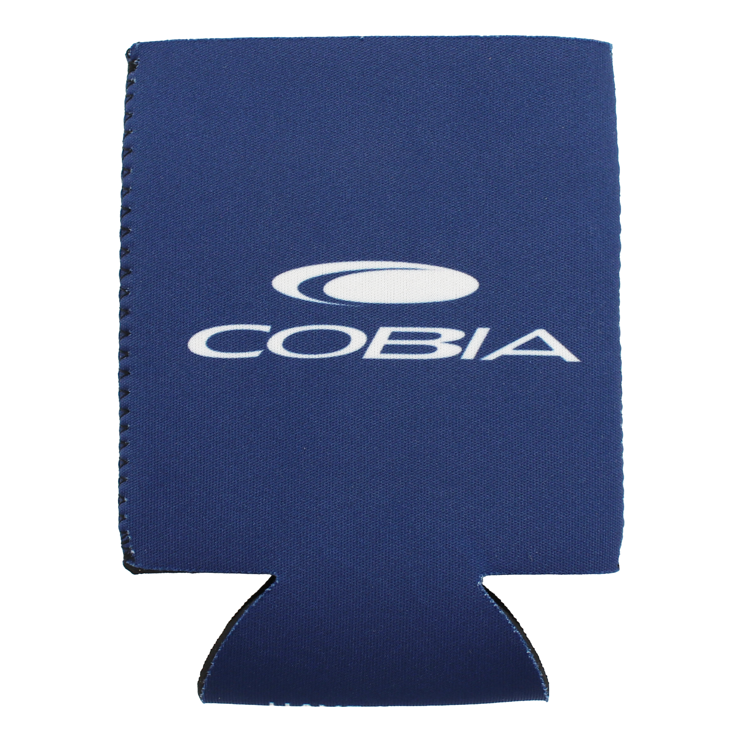 Blue can cooler with a white 'Cobia' logo on it.