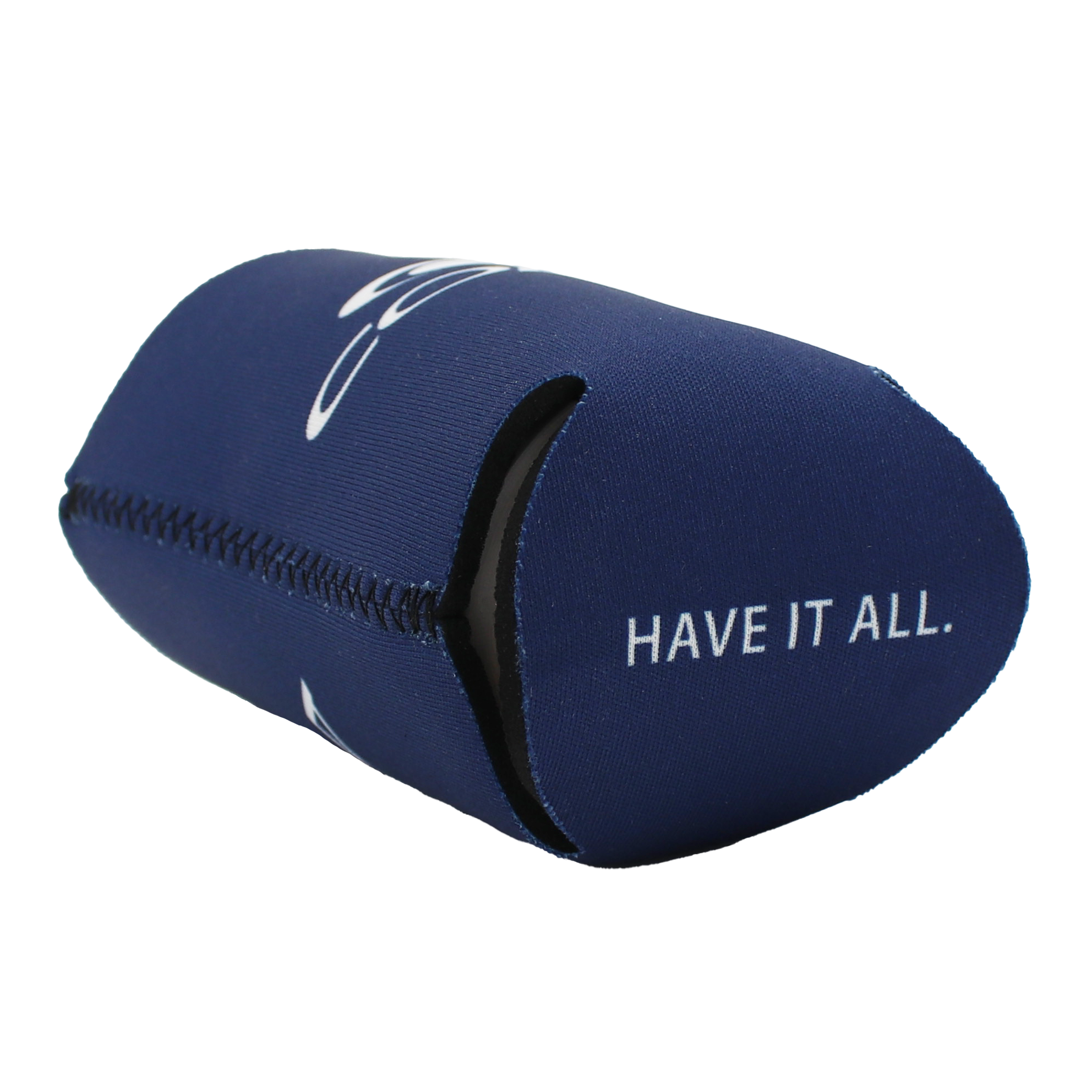 Blue neoprene can cooler on its side with 'HAVE IT ALL' text on the bottom in white. 