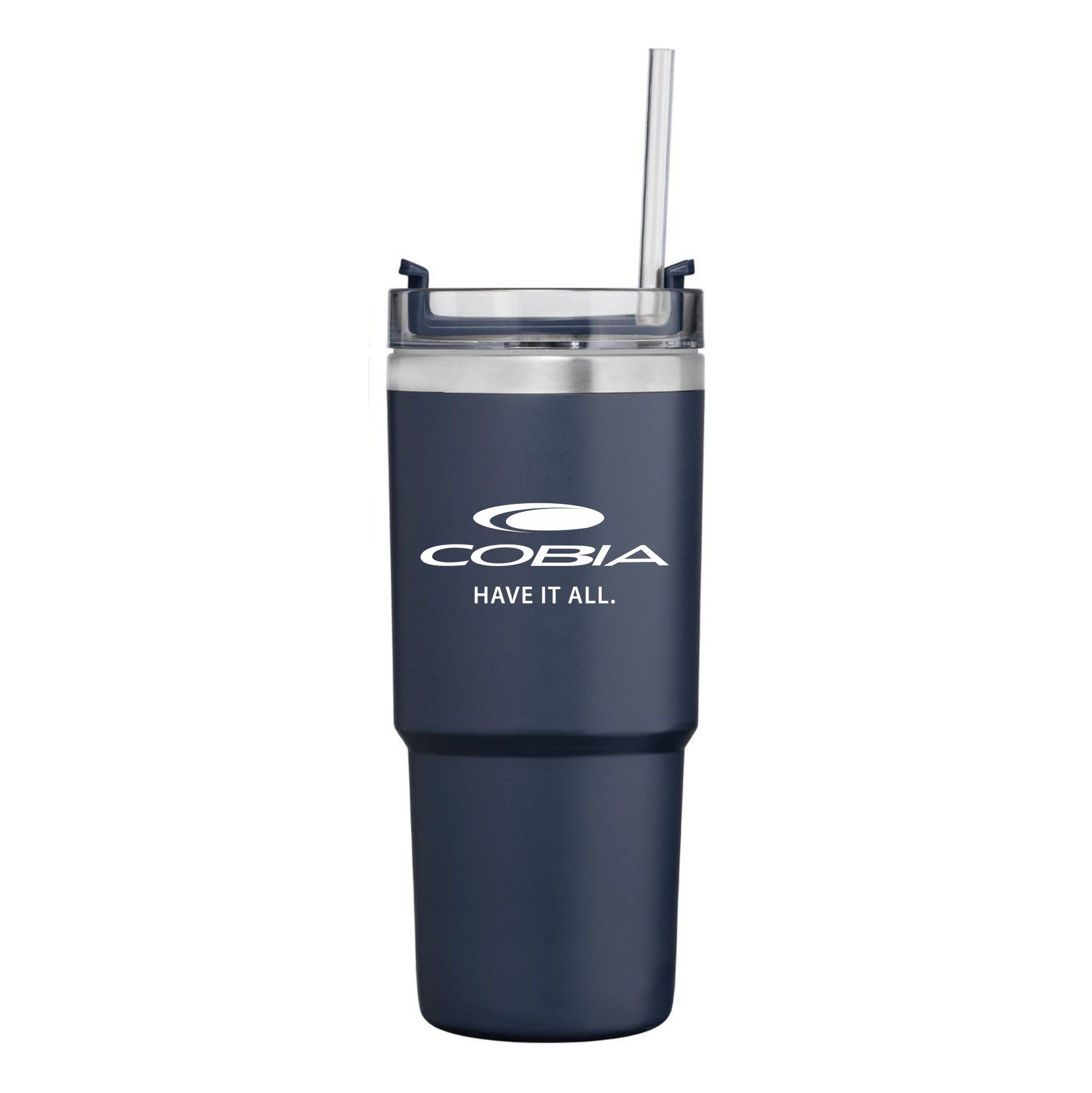  navy blue stainless-steel tumbler with a clear plastic lid and straw, featuring a white cobia logo on the front.