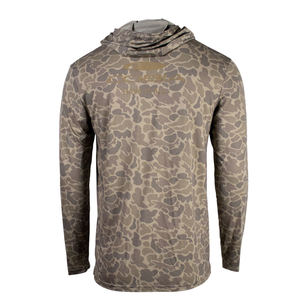 Back of a tan camouflage hoodie with a cobia logo on the shoulder blades.
