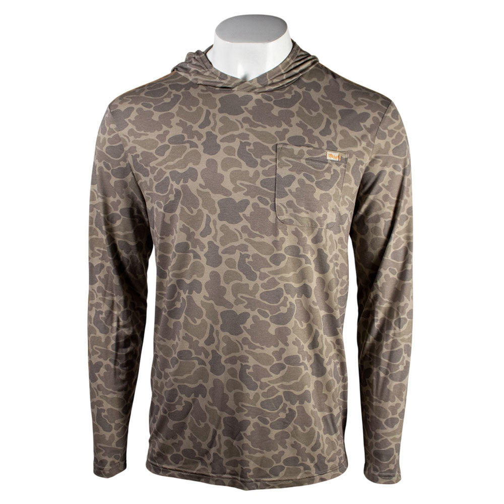 Tan camouflage-patterned long-sleeve shirt with left chest pocket.
