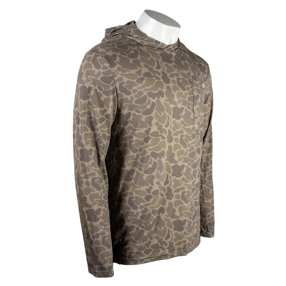 Tan camouflage-patterned long-sleeve shirt with a cobia logo on the right sleeve.