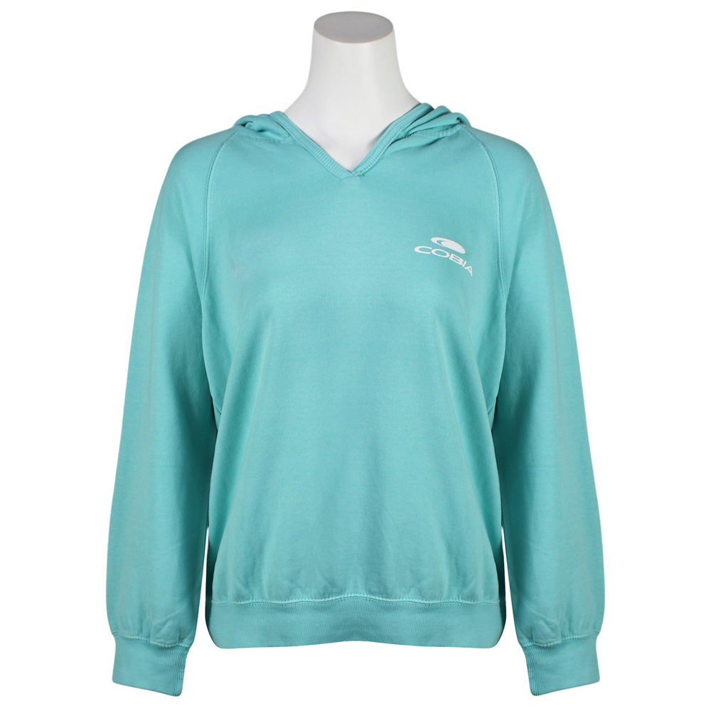 A light turquoise hooded sweatshirt displayed on a white mannequin torso against a plain white background. The sweatshirt features a small white Cobia logo on the left chest.