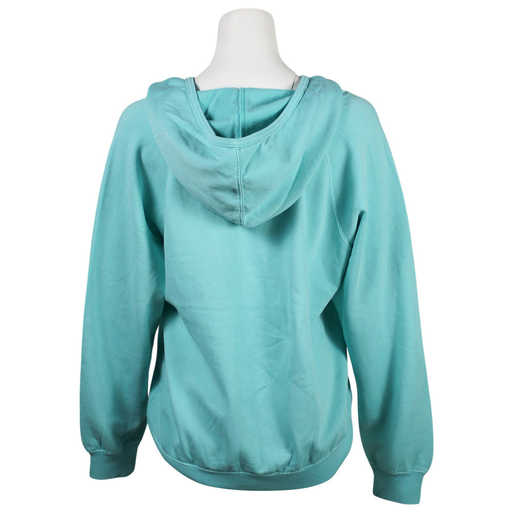 Back of a light turquoise hooded sweatshirt displayed on a white mannequin torso against a plain white background.