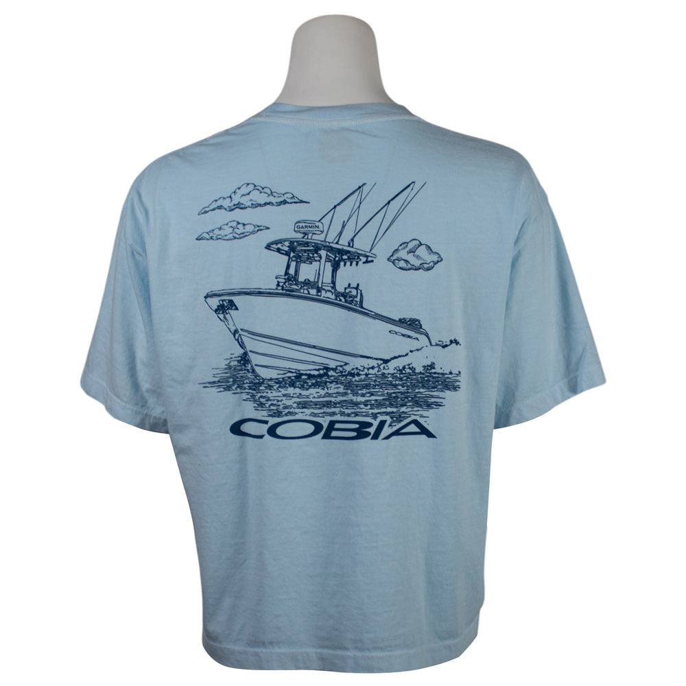Light blue t-shirt with a boat graphic and 'Cobia' branding on the back.
