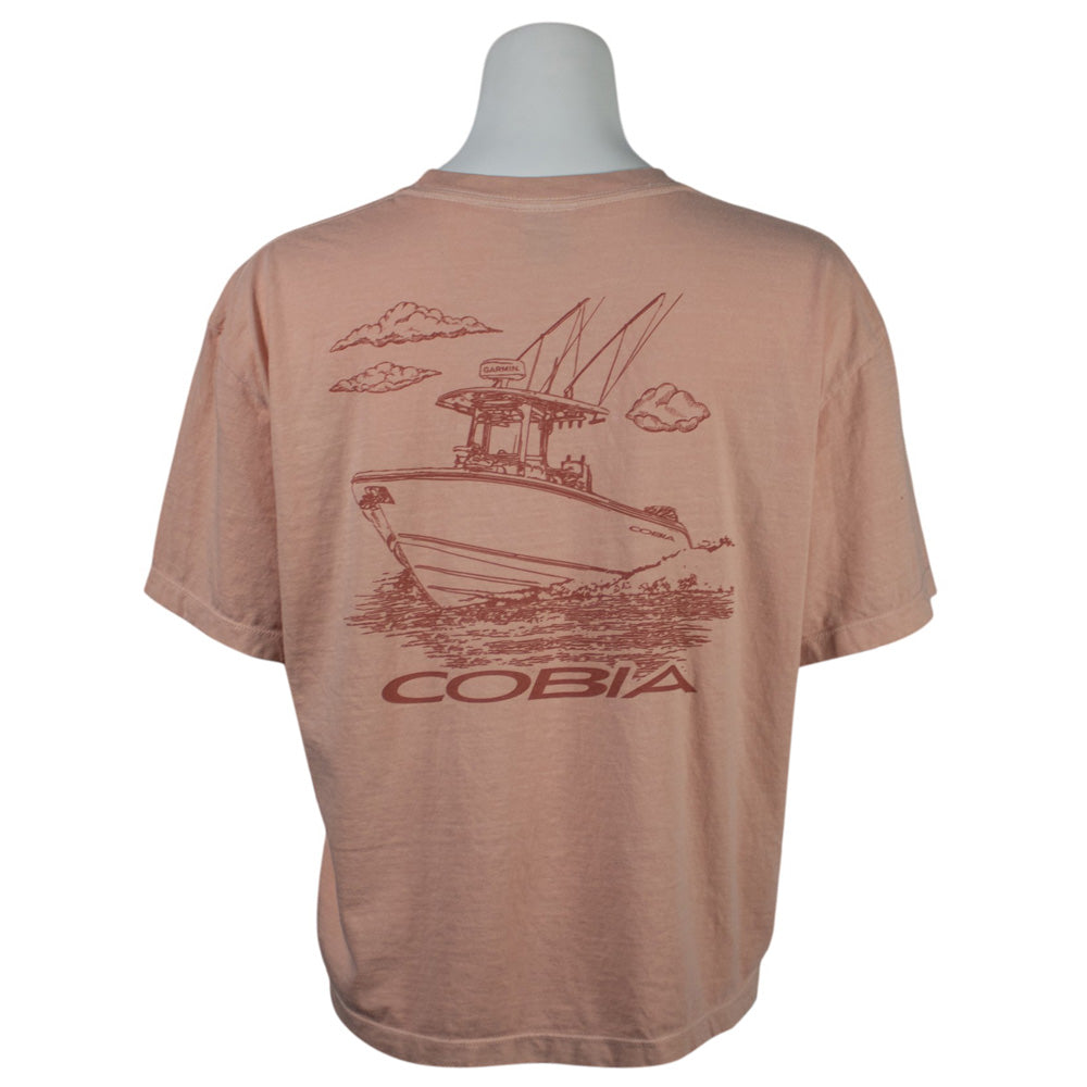 Light orange t-shirt with a boat graphic and 'Cobia' logo on on the back.