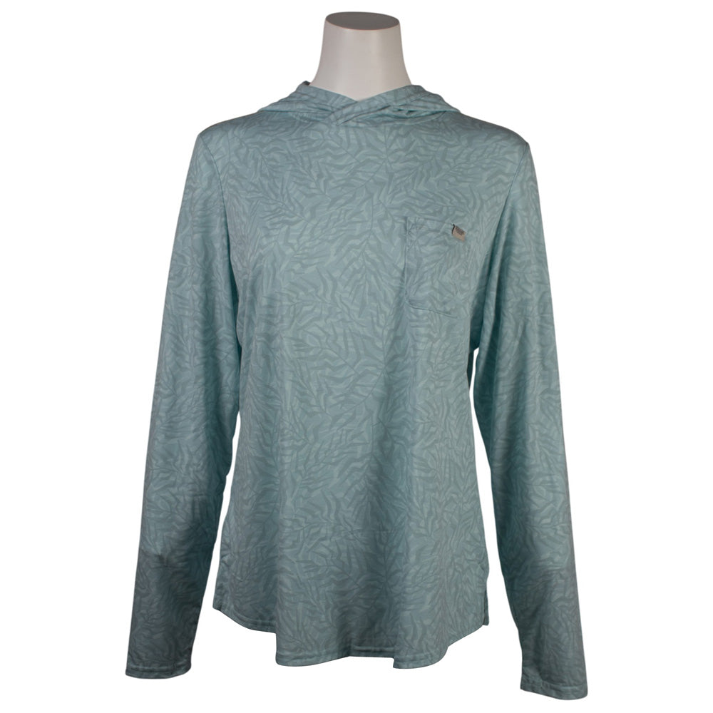 light blue leaf patterned long-sleeve shirt with a left chest pocket.