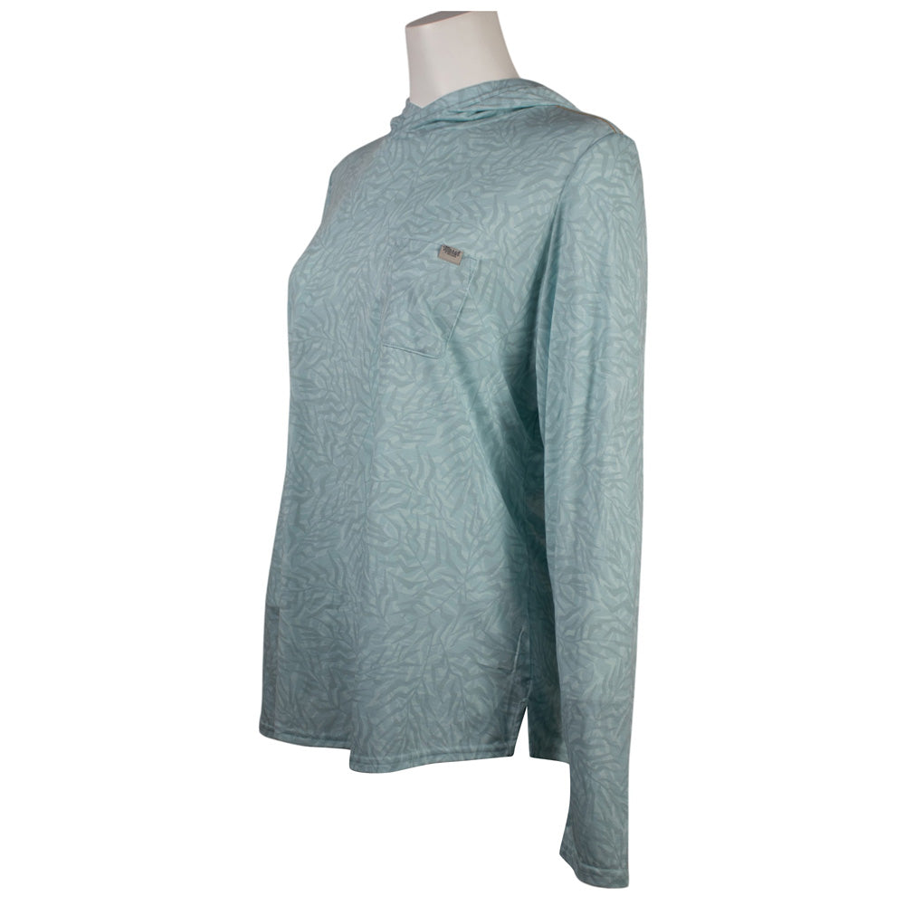 Side of a light blue hooded long sleeve with a chest pocket.