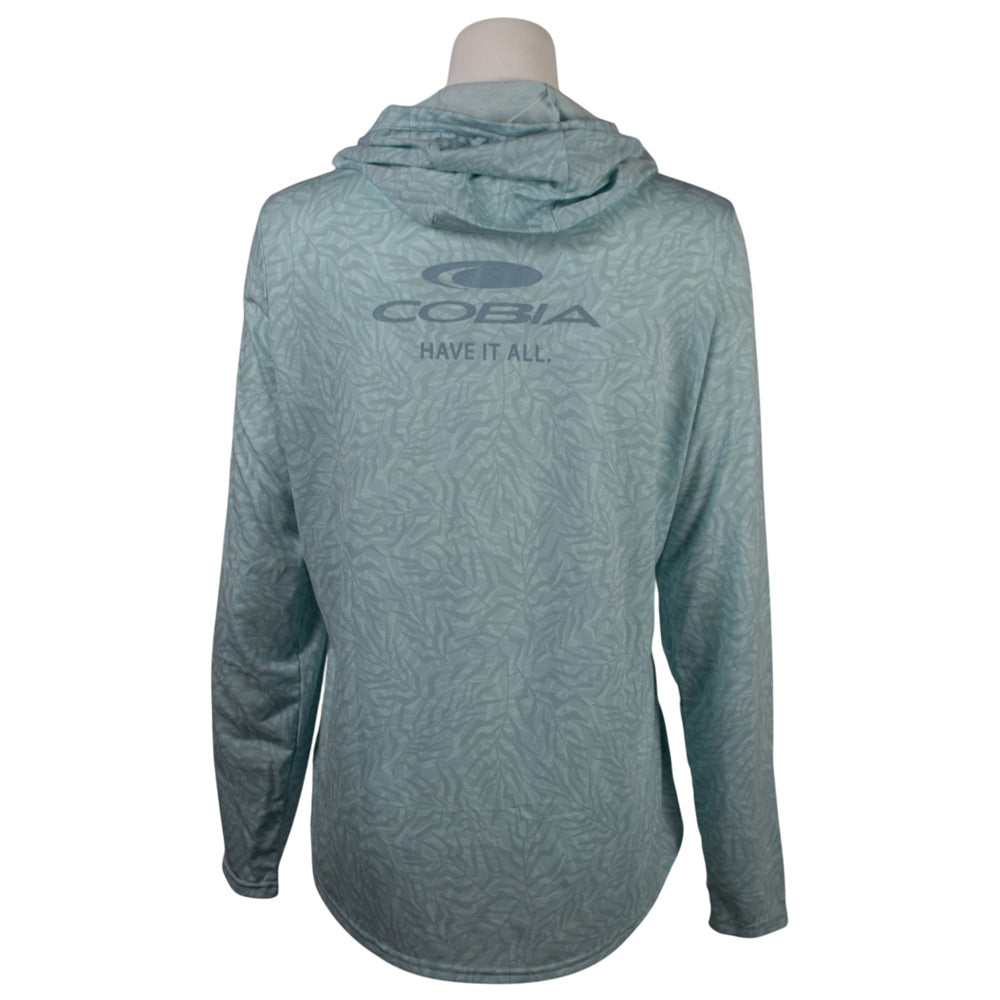 Light blue hooded long sleeve with a dark blue 'Cobia' logo on the back.