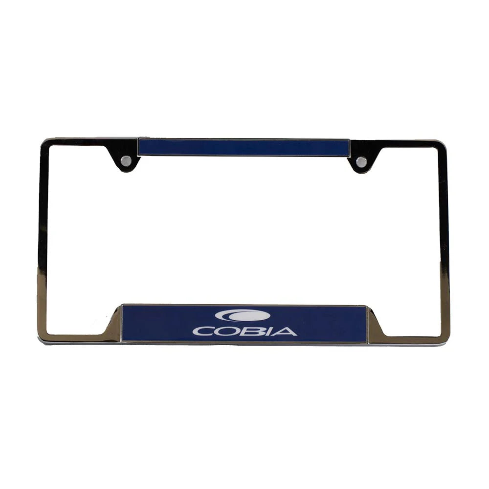 Cobia branded license plate frame with blue and silver details.