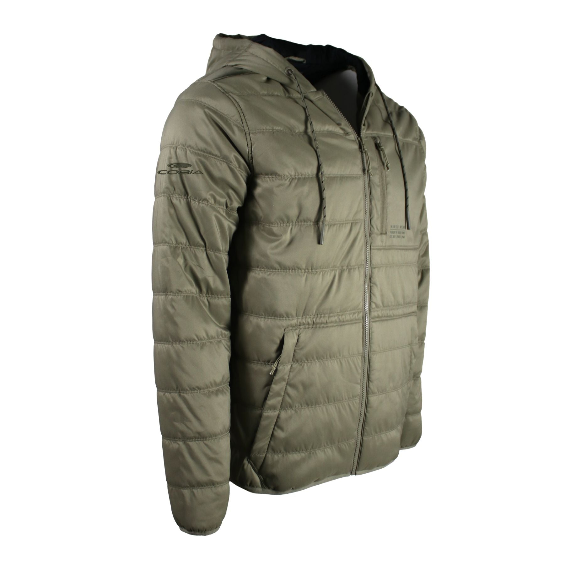 Green puffer jacket with a hood and a cobia logo on the shoulder.