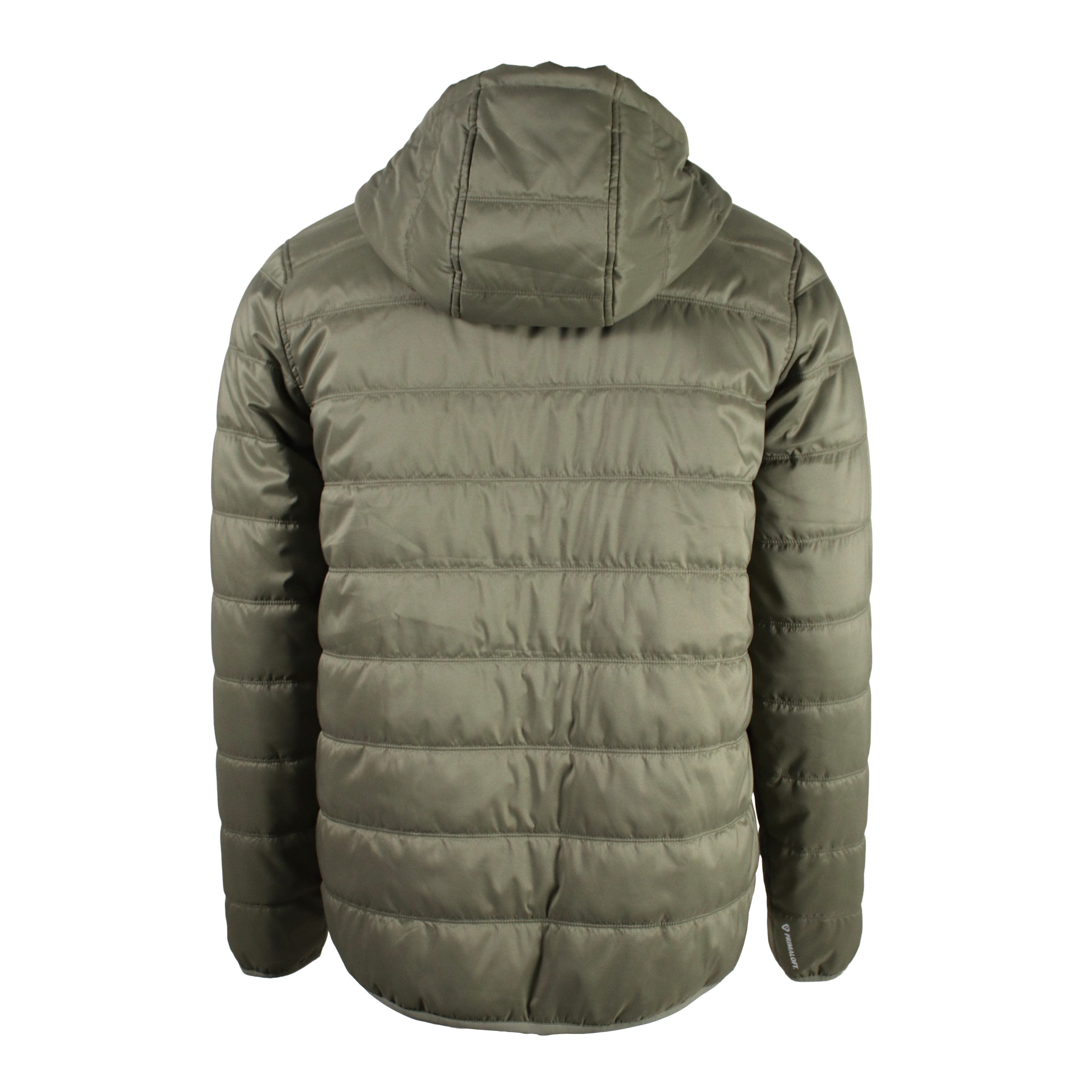 Back of an olive green puffer jacket on a white background.