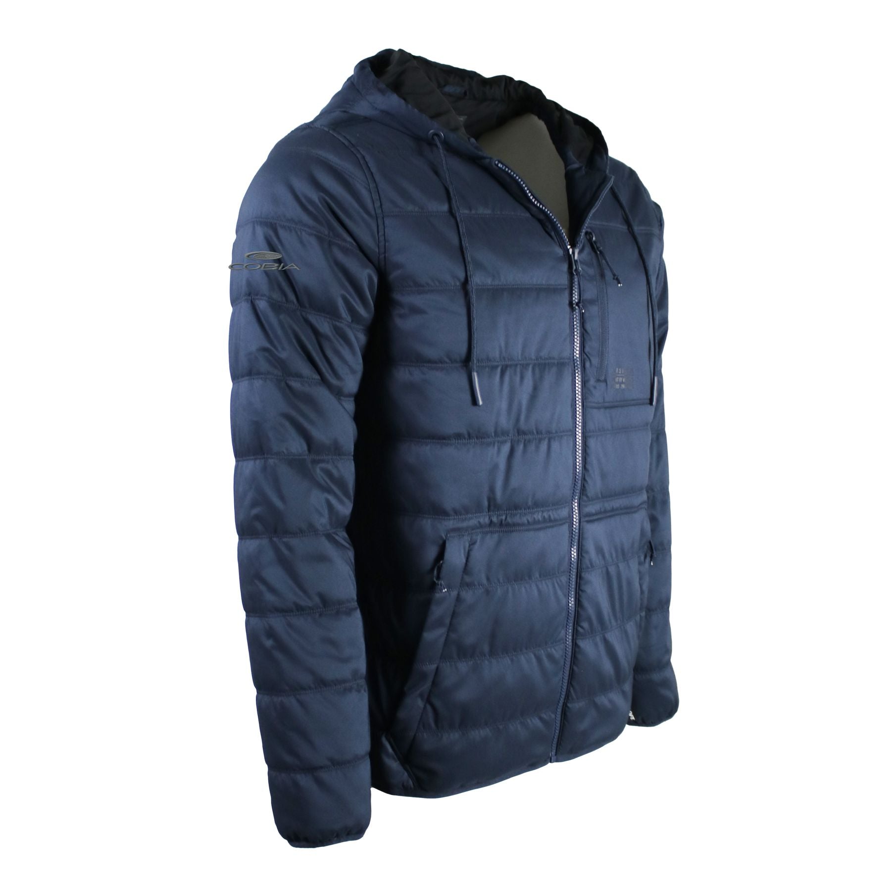 Navy blue puffer jacket with a hood and a cobia logo on the shoulder.