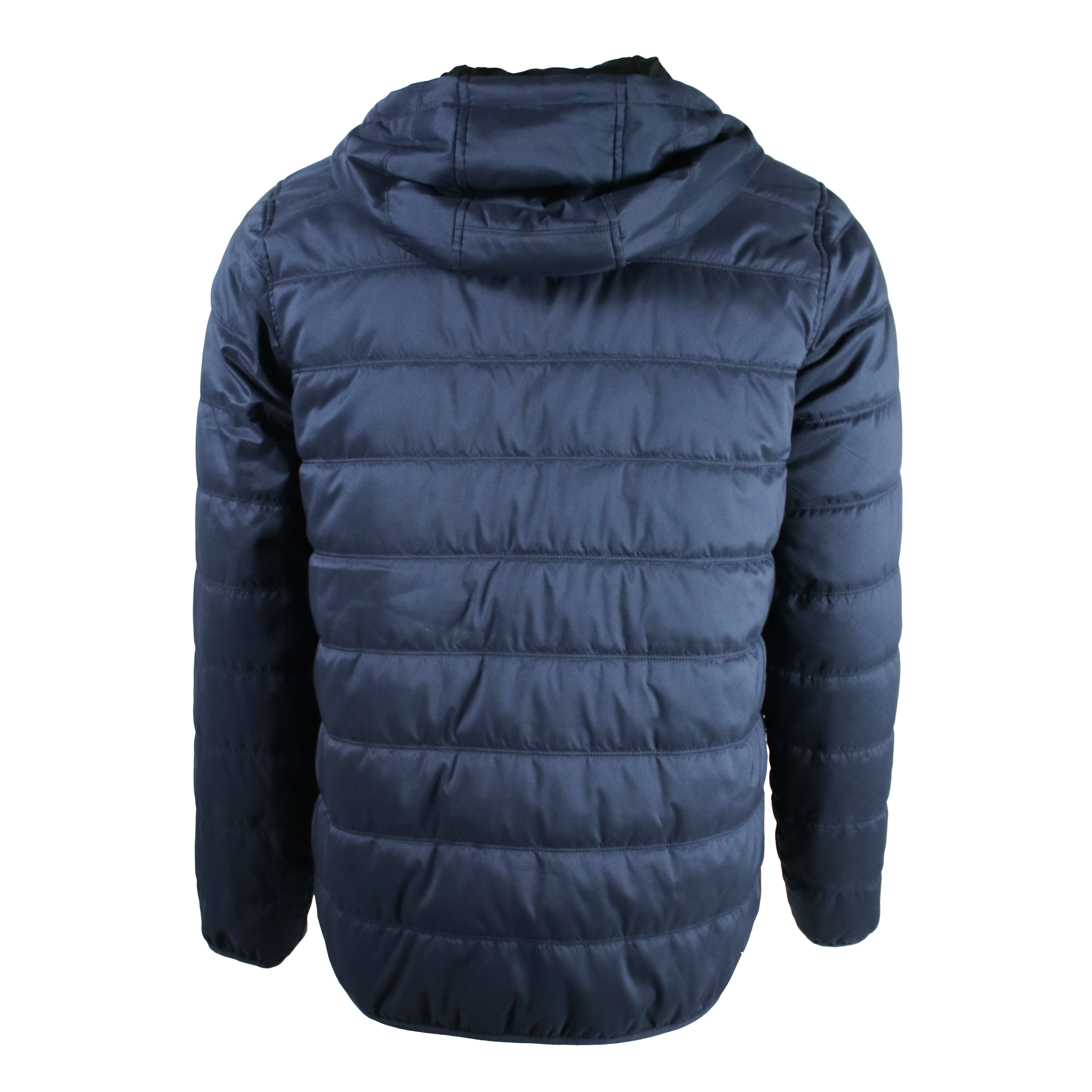 Back of a navy blue puffer jacket on a white background.