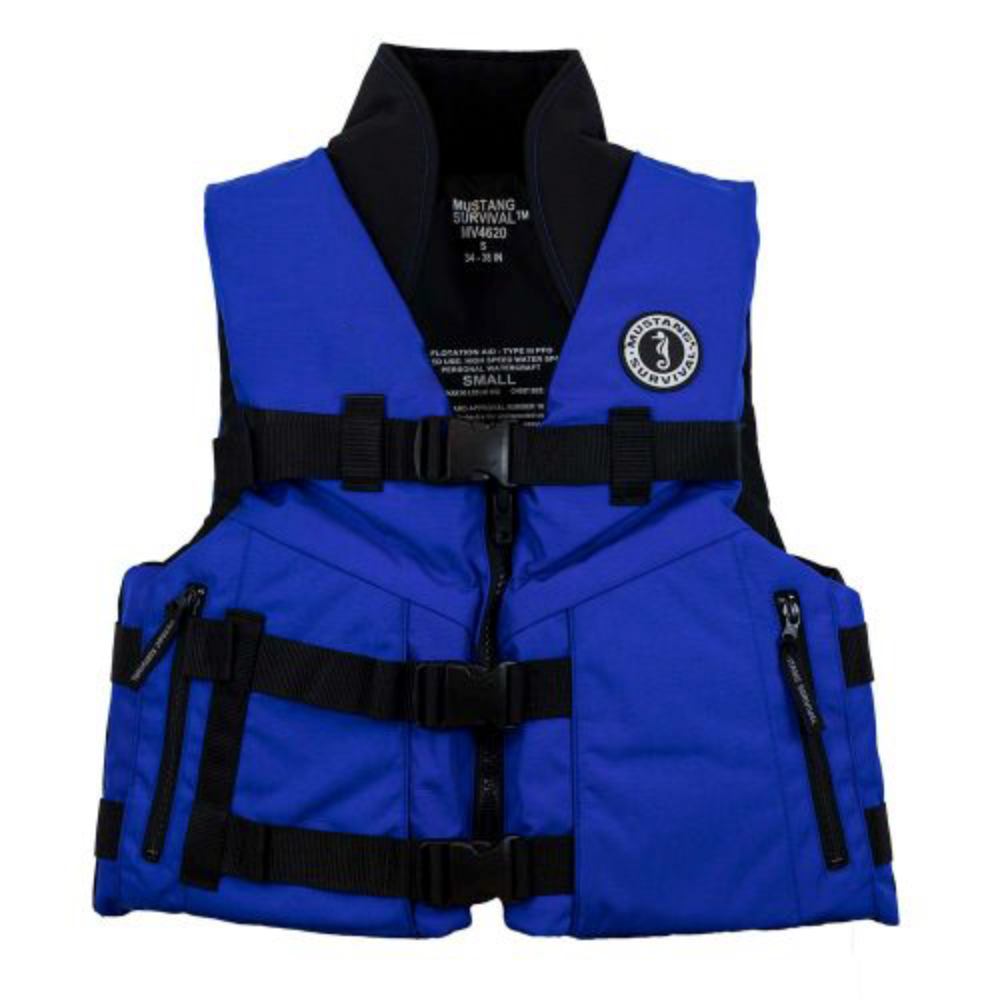 A blue life jacket with black straps and buckles, with the mustang logo patch on the chest.