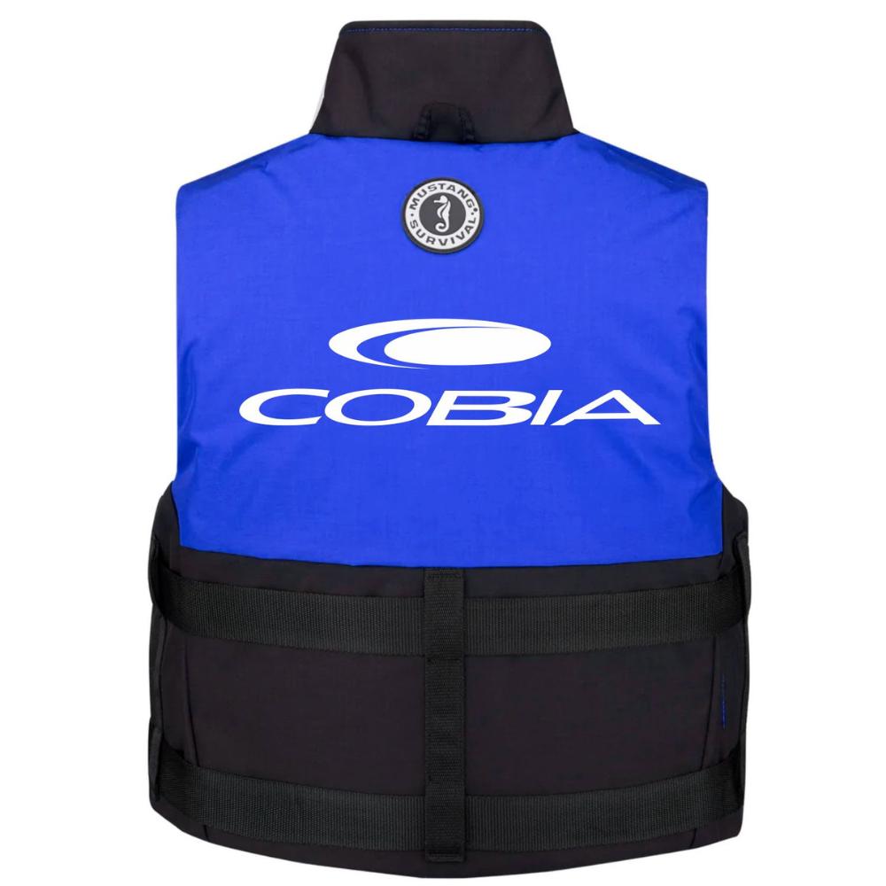 Back of a blue and black life vest with black straps and a white COBIA logo across the back. 