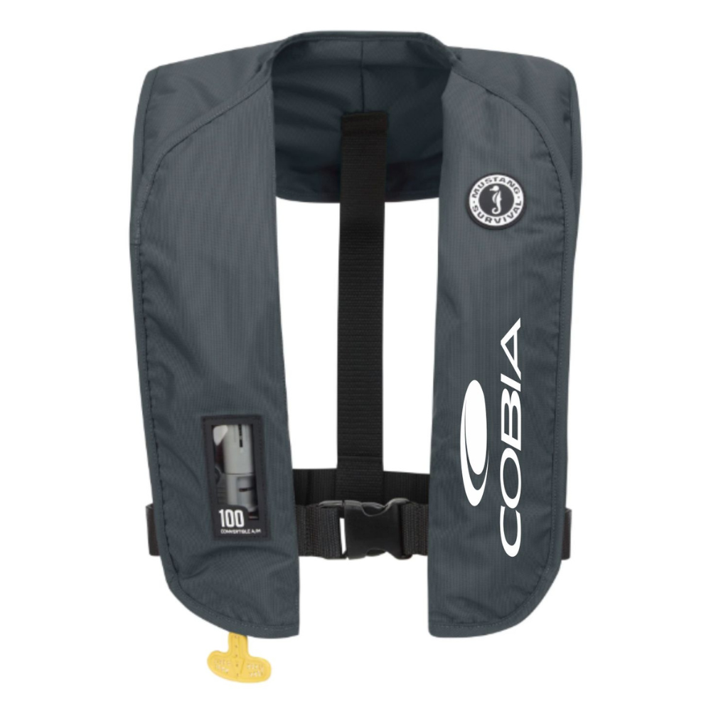Gray inflatable life jacket with adjustable straps and a white cobia logo on the left side. 
