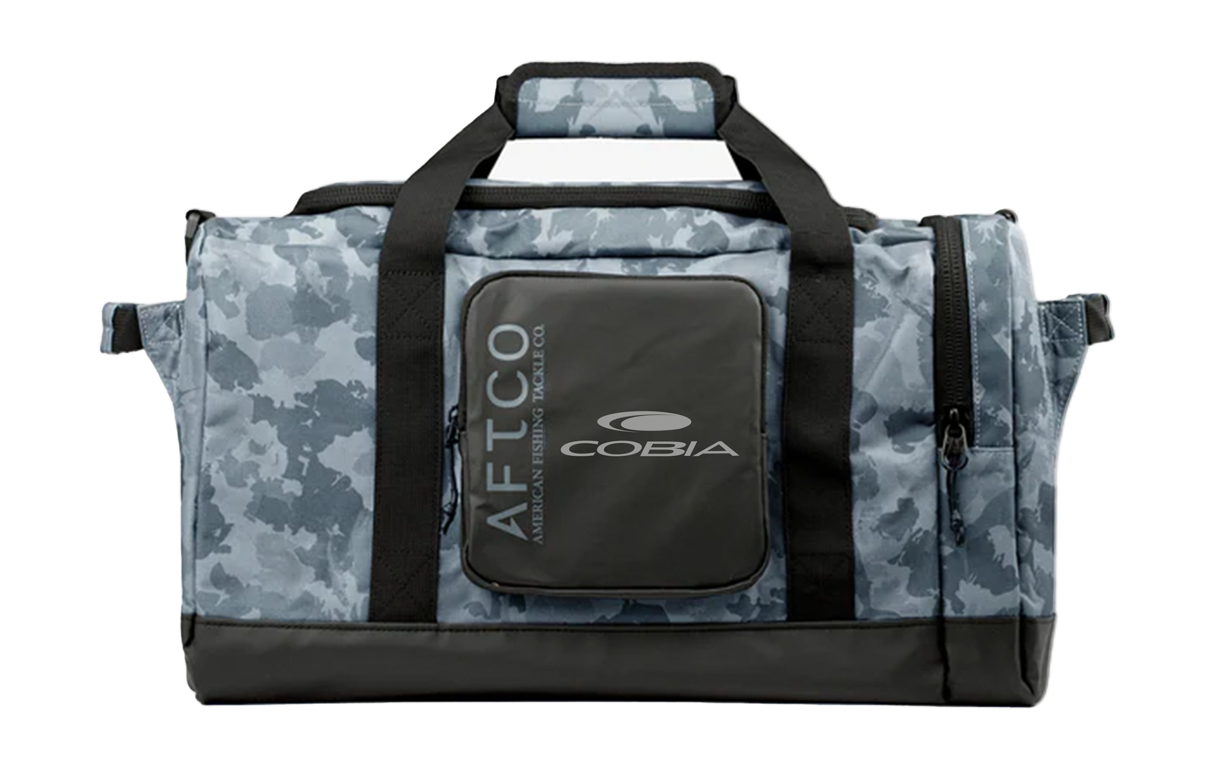 AFTCO and Cobia branded blue duffel bag with a camouflage pattern.