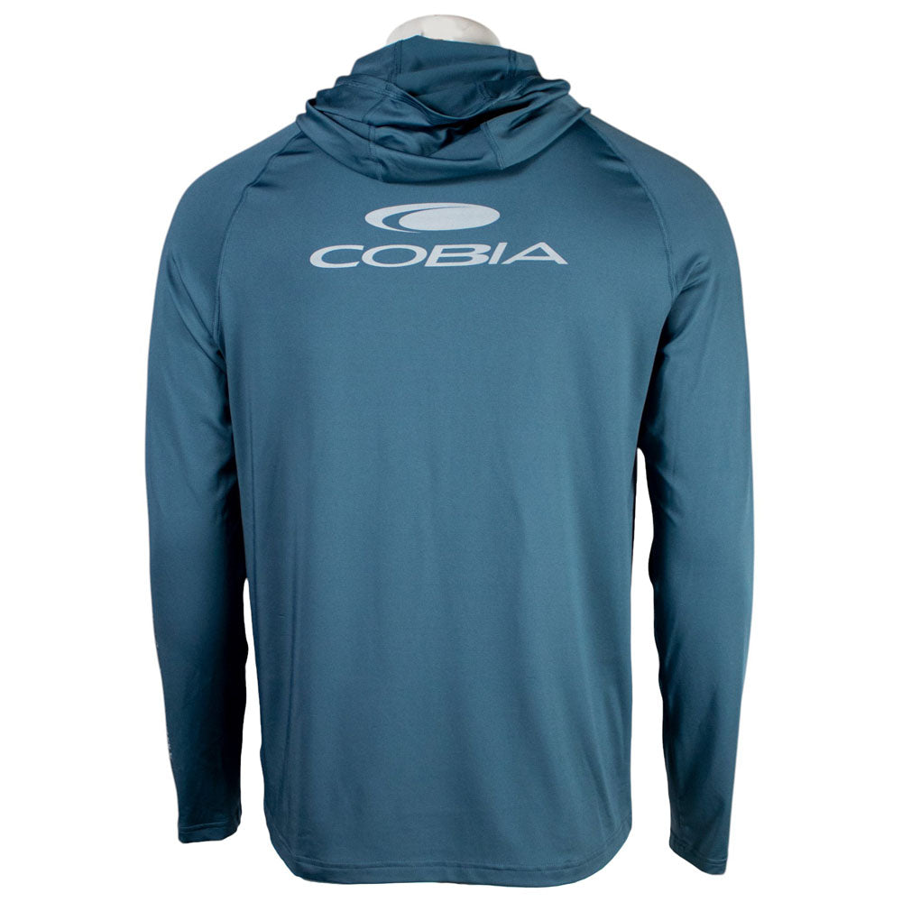 Back of a dark teal hooded long sleeve with a grey Cobia logo on the shoulder blades.